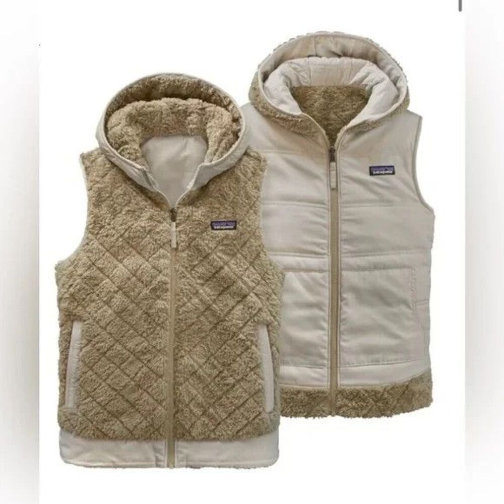 Patagonia Los Gatos Vest Womens 2XL Beige Fleece Jacket Hooded Reversible Sherpa